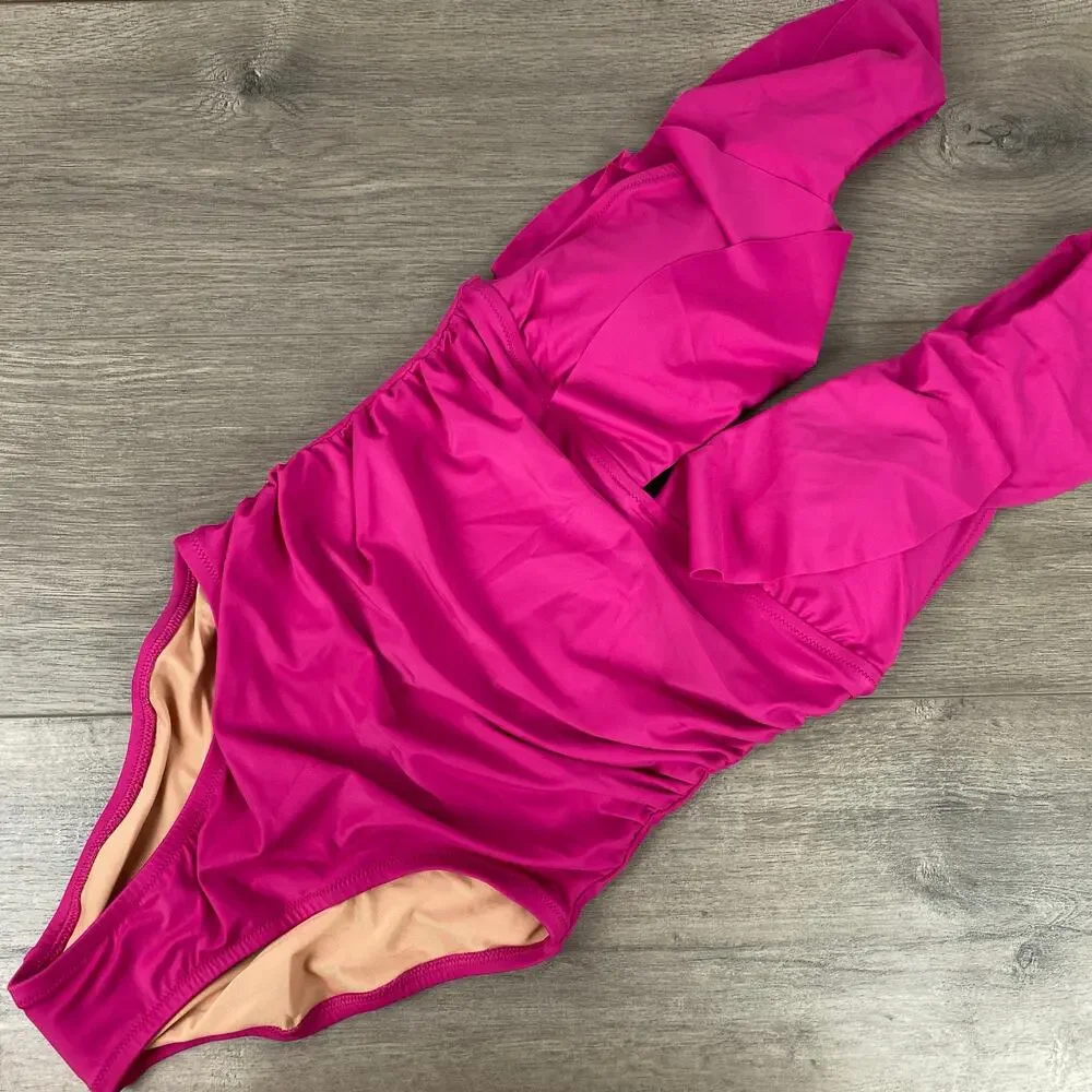 J.Crew Magenta Orchid Ruffle One Piece Swimsuit Sz.4 NWT
